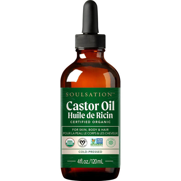 SoulSation Organic Castor Oil, 4oz - 100% Pure, For Eyelashes, Eyebrows, Face, Hair & Skin - Cold Pressed Unrefined Glass Bottle
