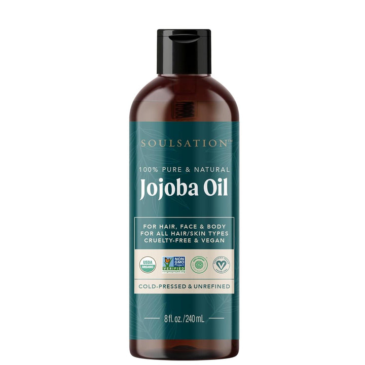 Soulsation Organic Jojoba Oil, 8oz - 100% Pure for Skin, Hair & Face, Natural Cold Pressed