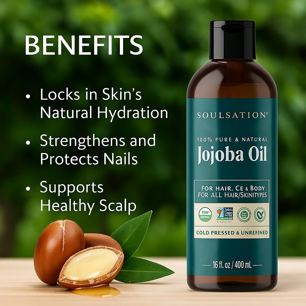 Soulsation Organic Jojoba Oil, 8oz - 100% Pure for Skin, Hair & Face, Natural Cold Pressed