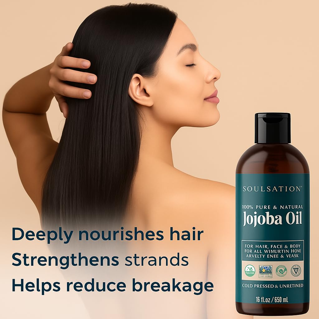 Soulsation Organic Jojoba Oil, 8oz - 100% Pure for Skin, Hair & Face, Natural Cold Pressed