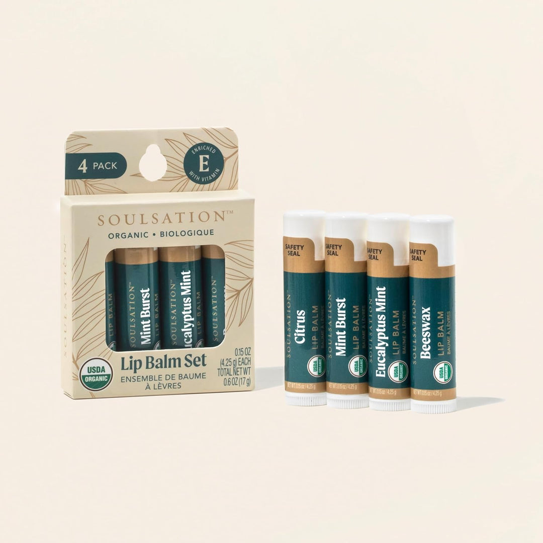 Soulsation Organic Lip Balm Set, 4 Flavors - Moisturizing for Cracked & Dry Lips