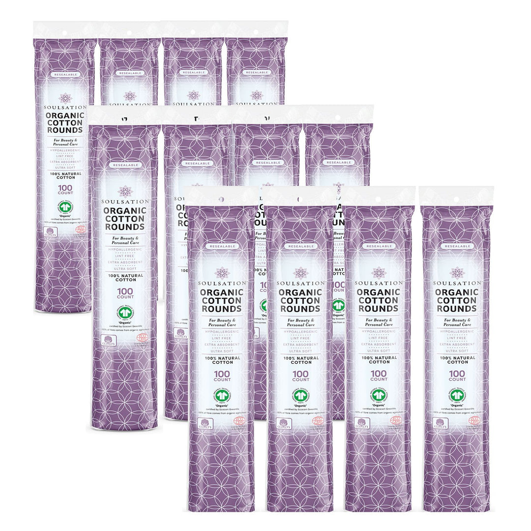 Soulsation Organic Cotton Rounds 1200 count value pack made with 100% organic cotton for facial cleansing and skincare.