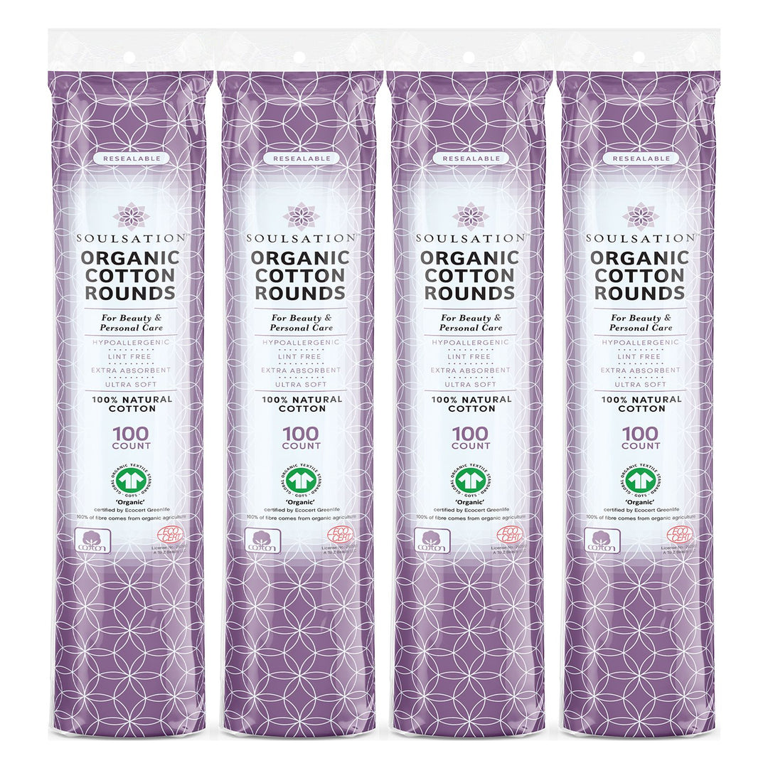 Soulsation Organic Cotton Rounds 400 count made with 100% organic cotton for gentle makeup removal and daily skincare.