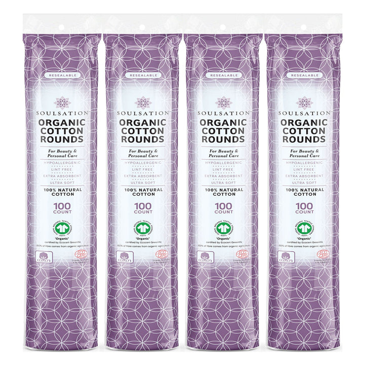 Soulsation Organic Cotton Rounds 400 count made with 100% organic cotton for gentle makeup removal and daily skincare.