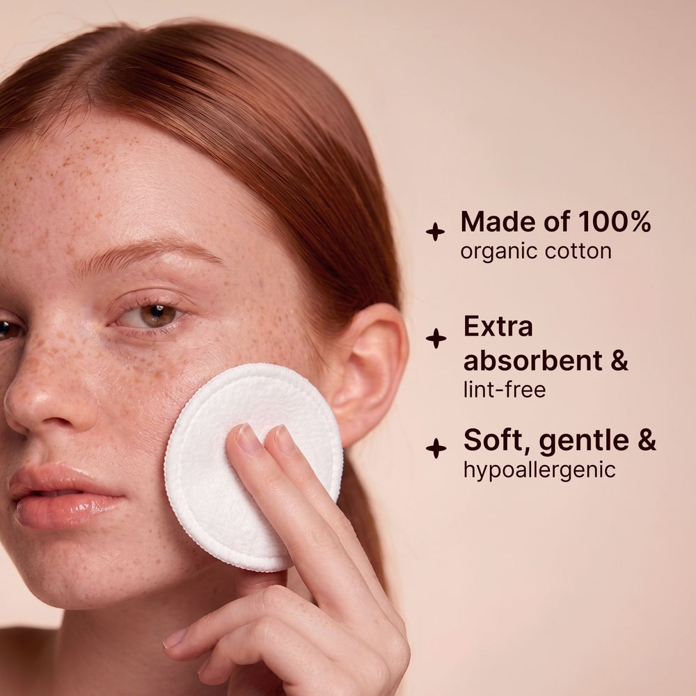 Woman using Soulsation Organic Cotton Rounds made with 100% organic cotton for gentle makeup removal and skincare.