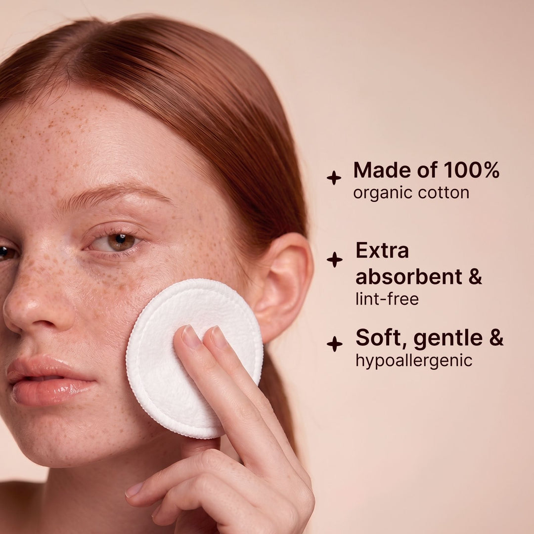 Woman using Soulsation Organic Cotton Rounds made with 100% organic cotton for gentle makeup removal and skincare.