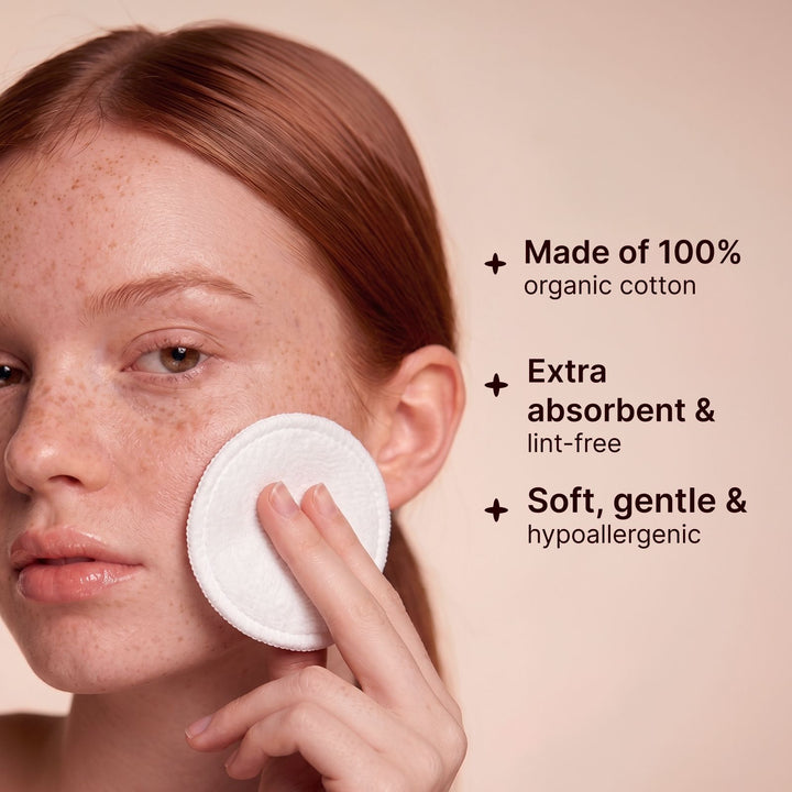 Woman using Soulsation Organic Cotton Rounds made with 100% organic cotton for gentle makeup removal and skincare.
