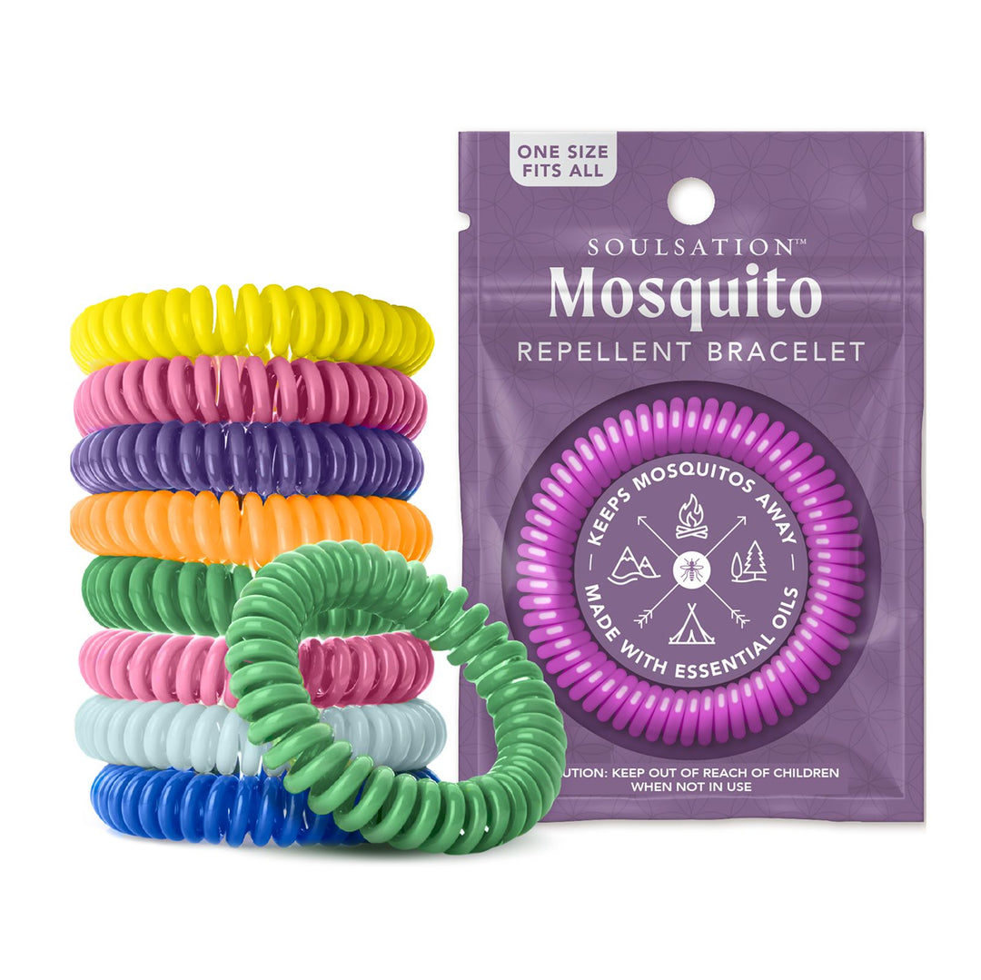 Soulsation Mosquito Repellent Bracelets with colorful bands and resealable storage pouch on white background