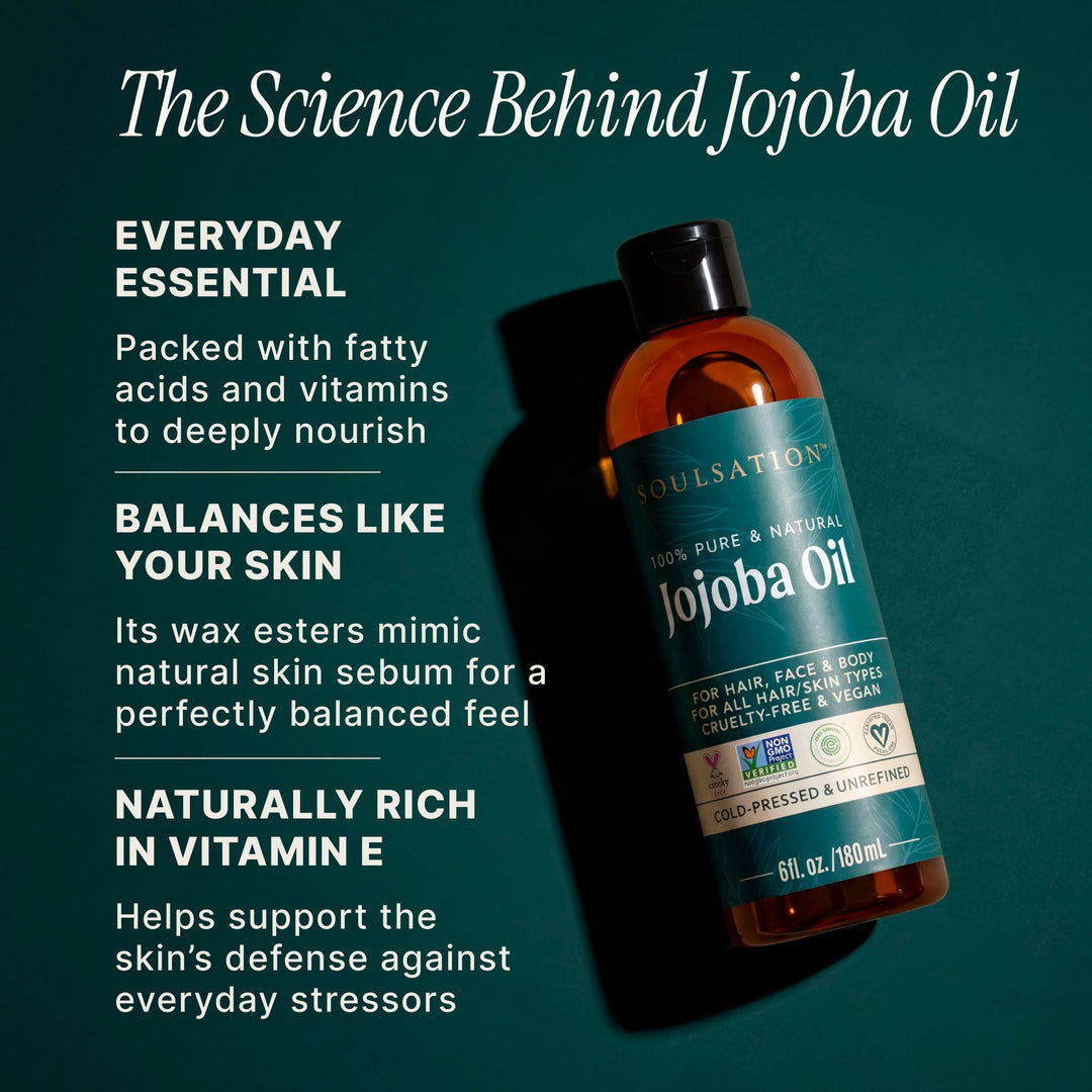 Soulsation Non-GMO Jojoba Oil with a cold-pressed formula for moisturizing skin, hair, and scalp.