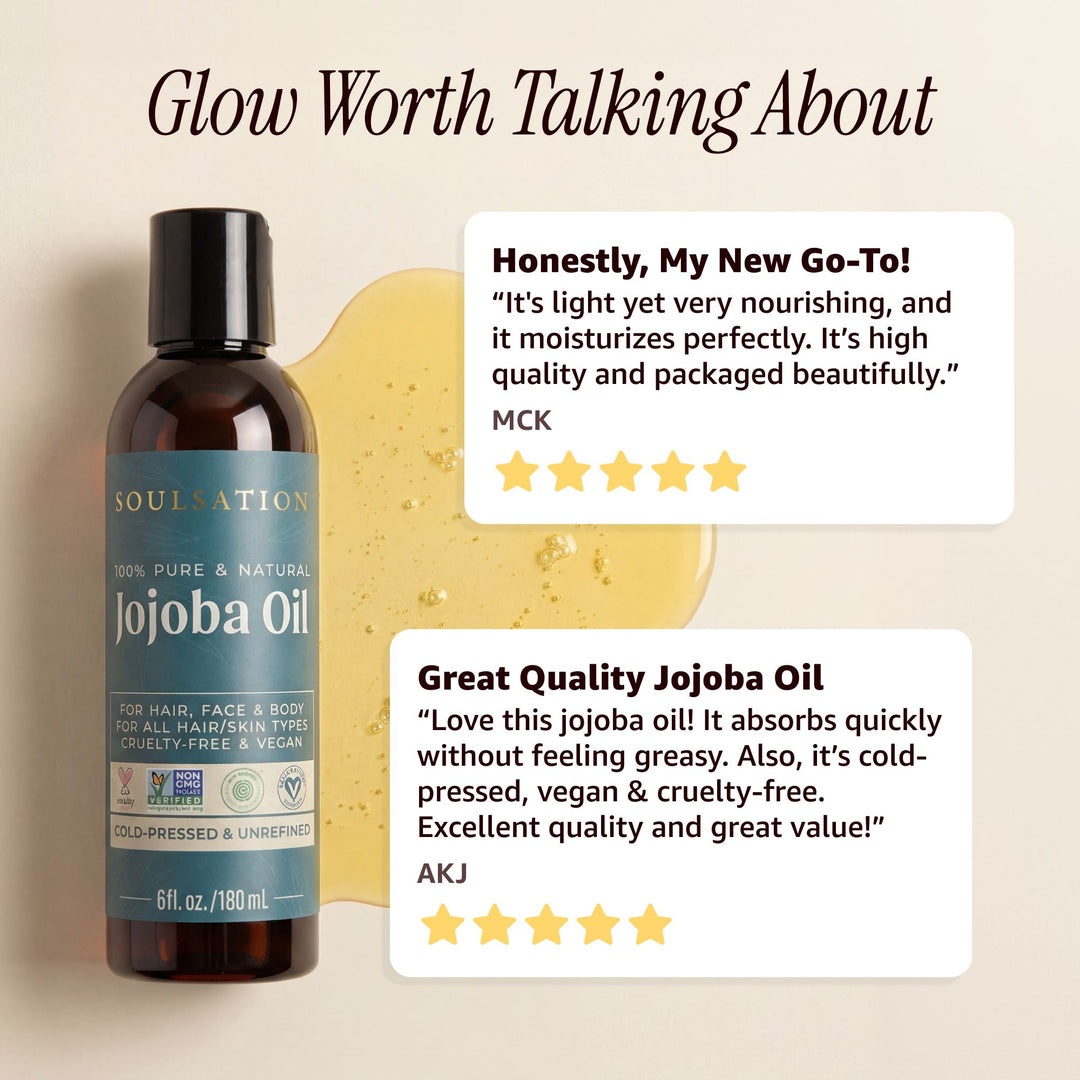 Soulsation Non-GMO Jojoba Oil customer-favorite multipurpose moisturizer for skin, hair, scalp, and nail care.