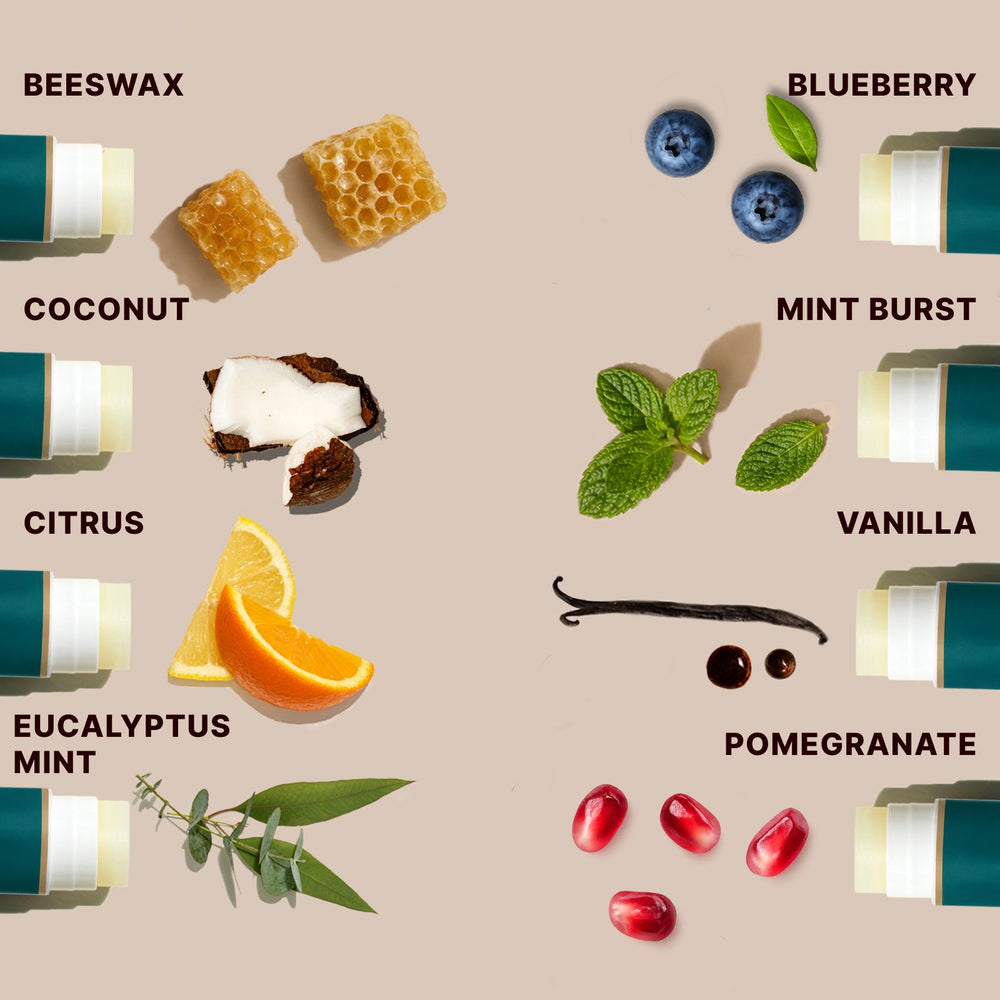Natural ingredients in Soulsation Organic Lip Balm including beeswax, shea butter, coconut oil, vanilla, peppermint, and berry extracts