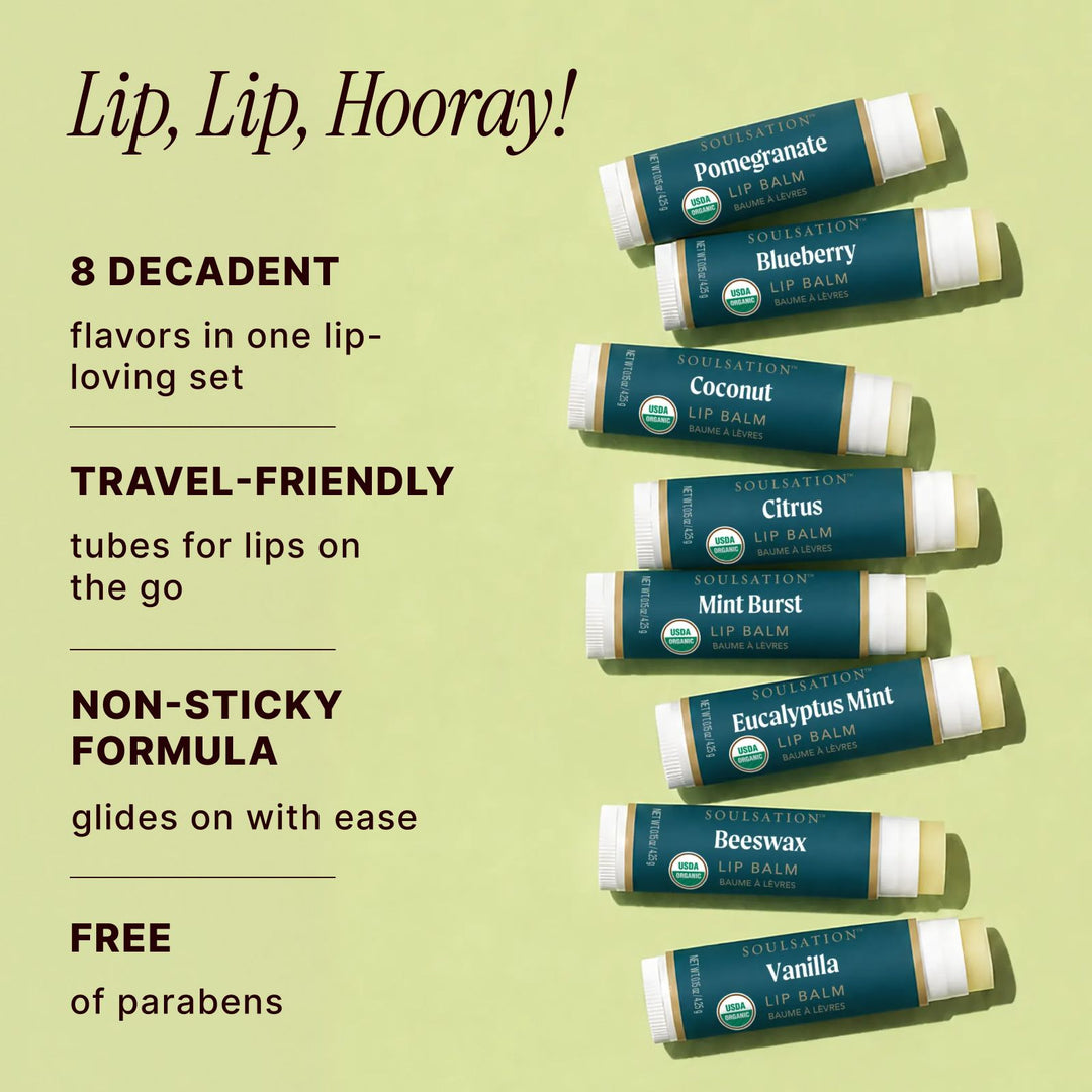 Soulsation Organic Lip Balm Set with four nourishing lip balms for long-lasting hydration and everyday lip care