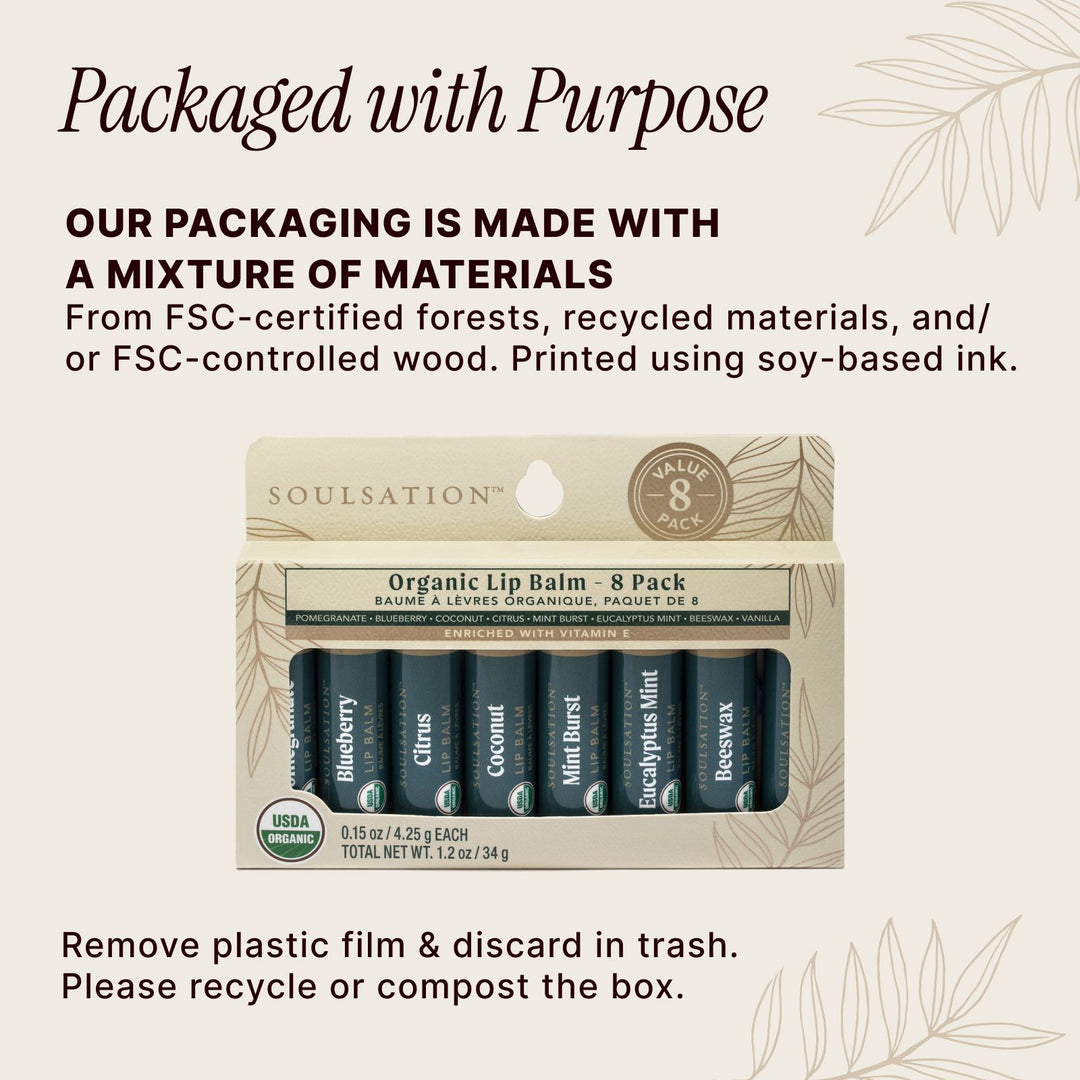 Soulsation Organic Lip Balm Set packaged with premium natural ingredients and eco-conscious recyclable materials
