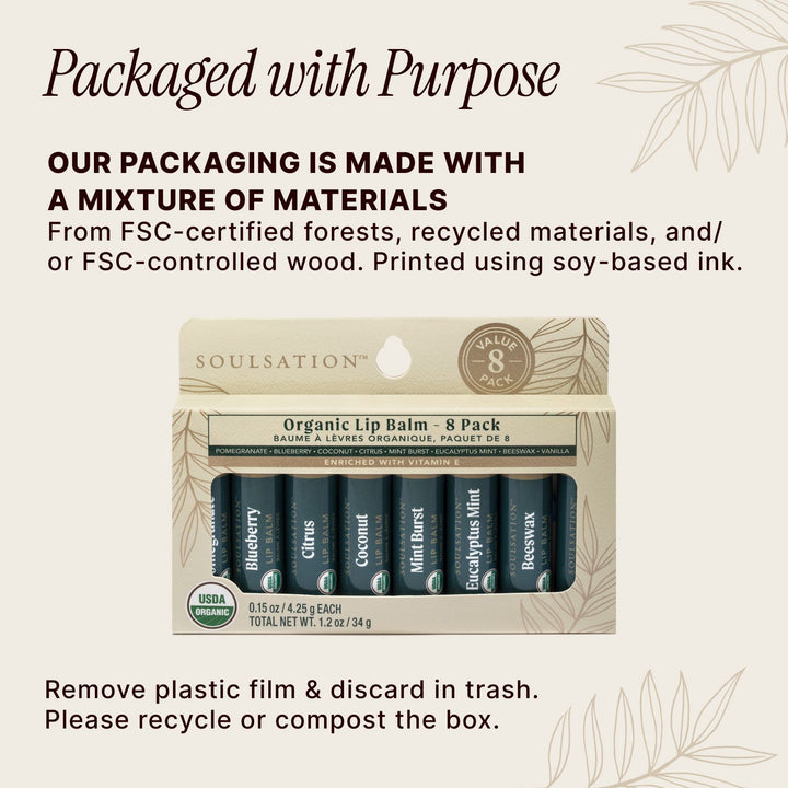 Soulsation Organic Lip Balm Set packaged with premium natural ingredients and eco-conscious recyclable materials