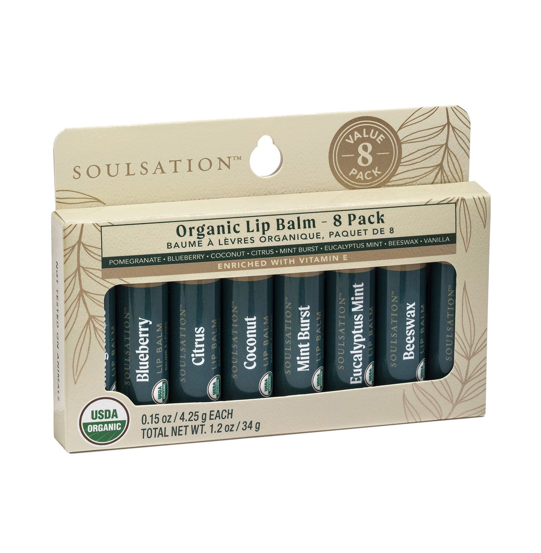 Soulsation Organic Lip Balm Set with 4 natural moisturizing lip balms in premium gift-ready packaging