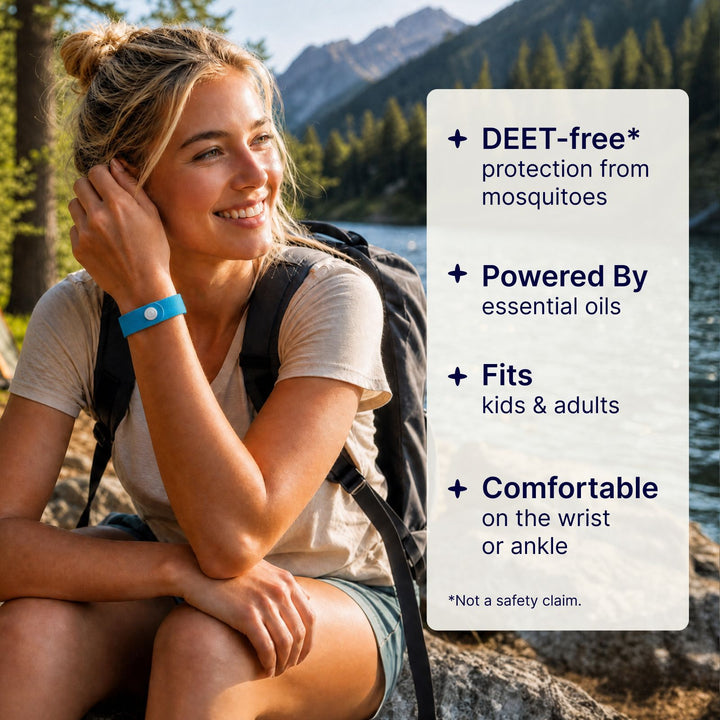 Woman wearing a Soulsation Mosquito Repellent Bracelet outdoors for natural mosquito protection.