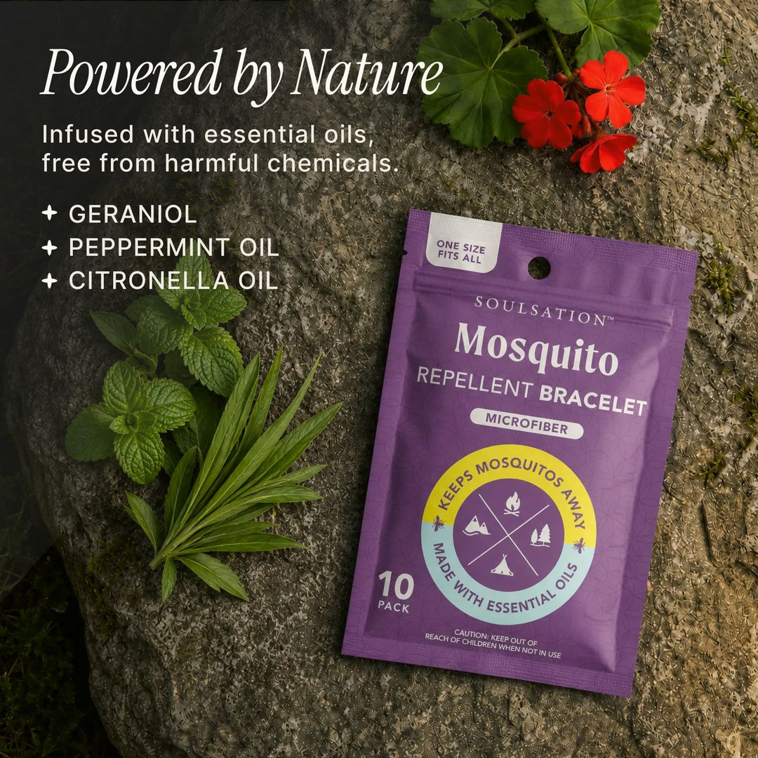 Soulsation Mosquito Repellent Bracelets powered by nature with DEET-free essential oil protection for outdoor activities.