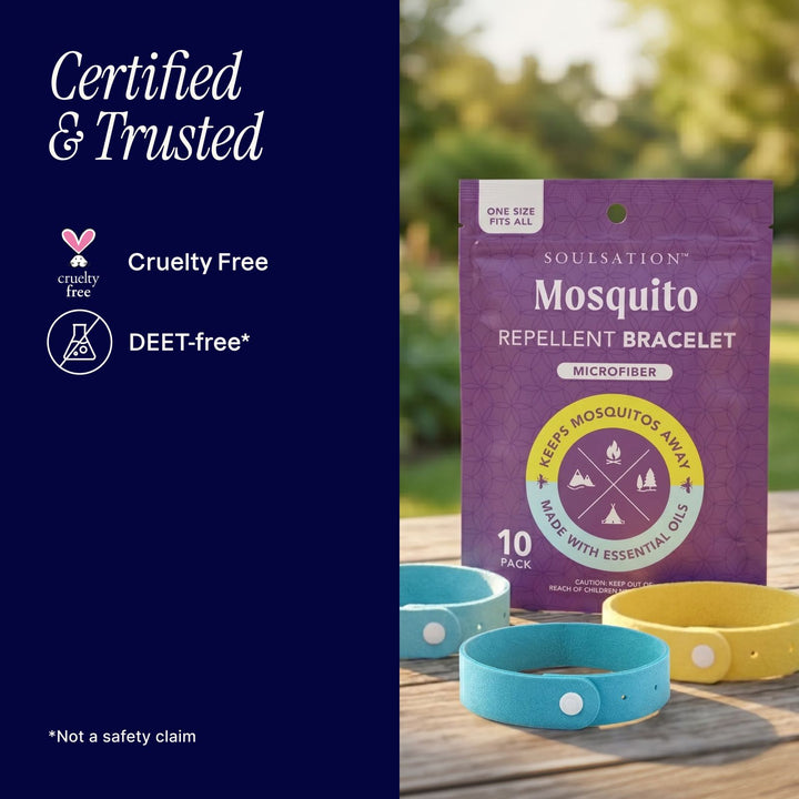 Soulsation Mosquito Repellent Bracelets are certified, trusted, DEET-free, and made with essential oil ingredients.