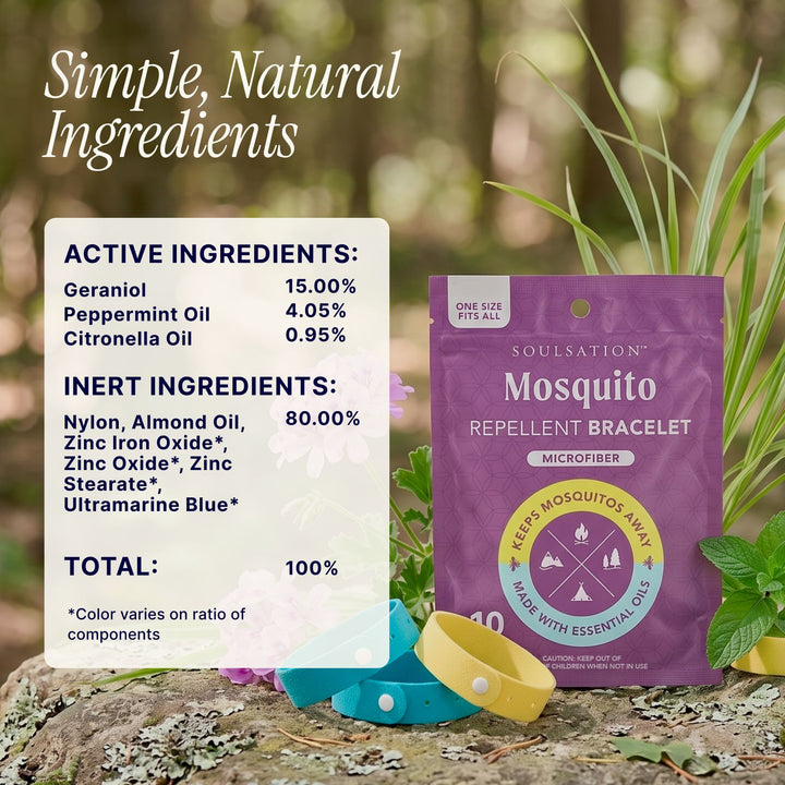 Soulsation Mosquito Repellent Bracelets made with naturally derived essential oil ingredients for mosquito protection.