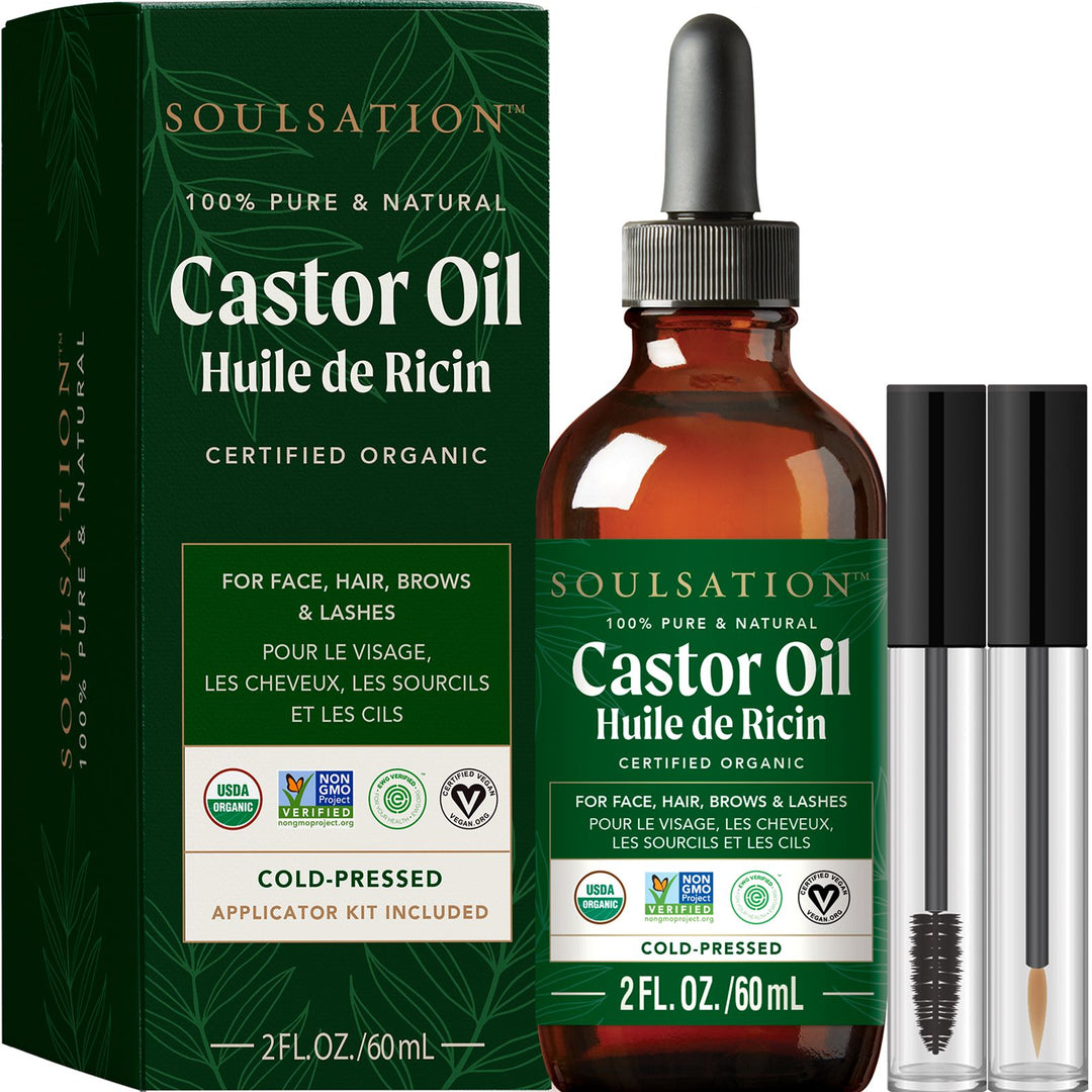 Soulsation Organic Castor Oil 2oz with lash and brow applicator kit for nourishing lashes, brows, and hair.