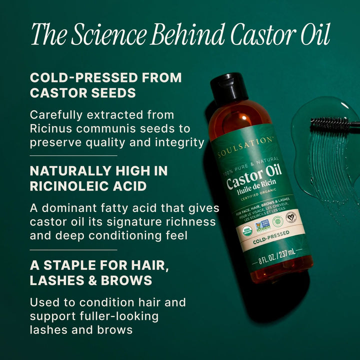 Soulsation Organic Castor Oil with kit highlighting cold-pressed, hexane-free, USDA Organic, and nourishing ingredients.