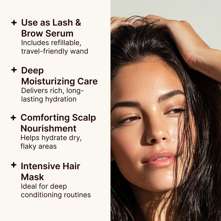Soulsation Organic Castor Oil with kit showcasing benefits for lashes, brows, scalp, hair, and skin hydration.