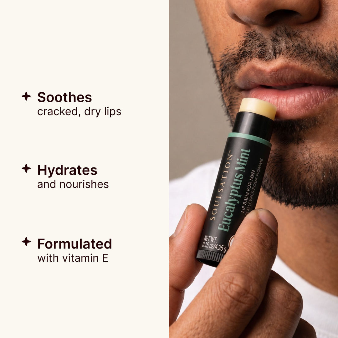 Close-up Soulsation organic lip balm for men providing smooth hydration for dry lips