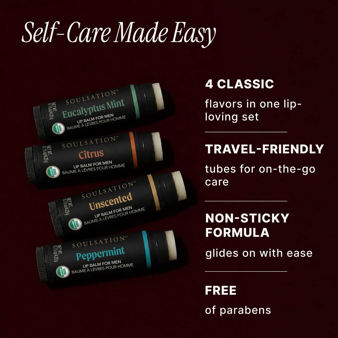 Soulsation Organic Lip Balm Set for Men featuring 4 classic and travel-friendly lip balm flavors