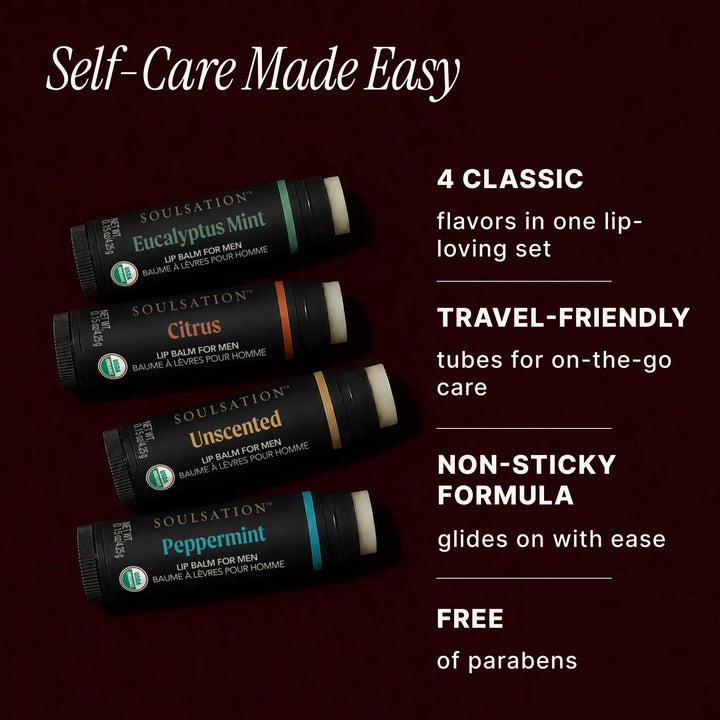 Soulsation Organic Lip Balm Set for Men featuring 4 classic and travel-friendly lip balm flavors