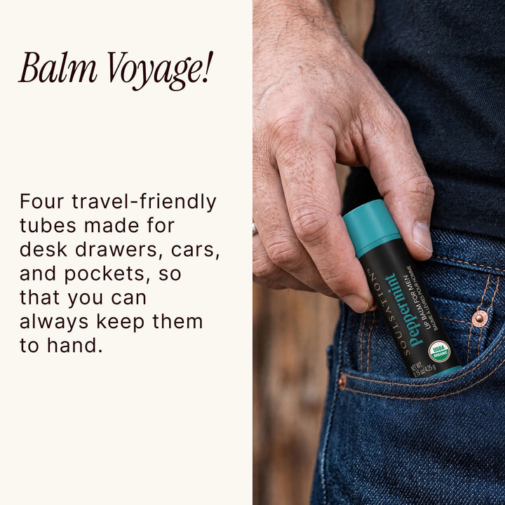 Compact Soulsation Organic Lip Balm for Men fits easily in a pocket for everyday lip care