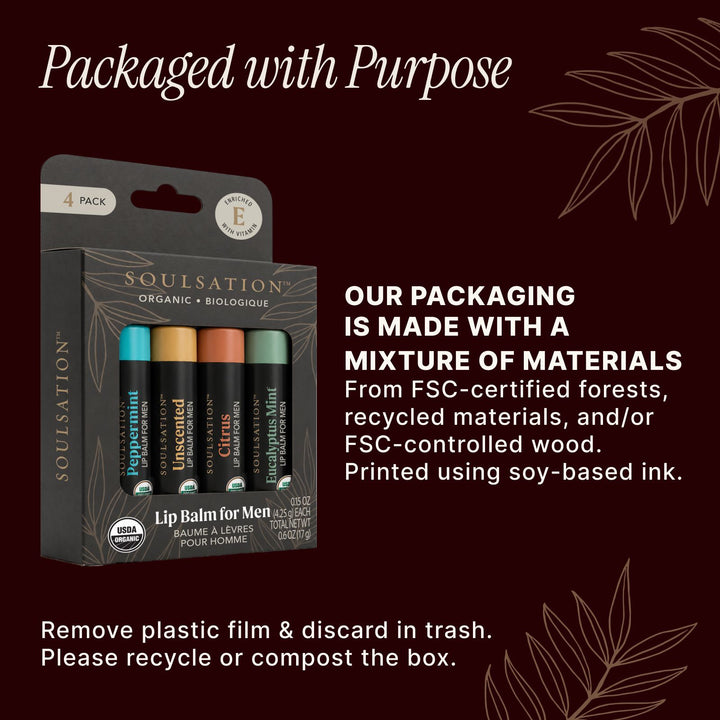 Soulsation Organic Lip Balm Set for Men packaged with premium natural ingredients and eco-friendly design