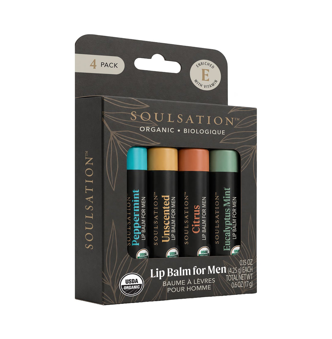 Soulsation Organic Lip Balm Set for Men with 4 natural moisturizing lip balms in retail packaging