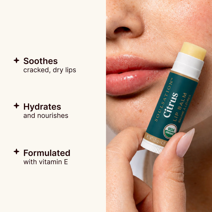 Close-up of Soulsation Organic Lip Balm providing long-lasting moisture for dry and chapped lips