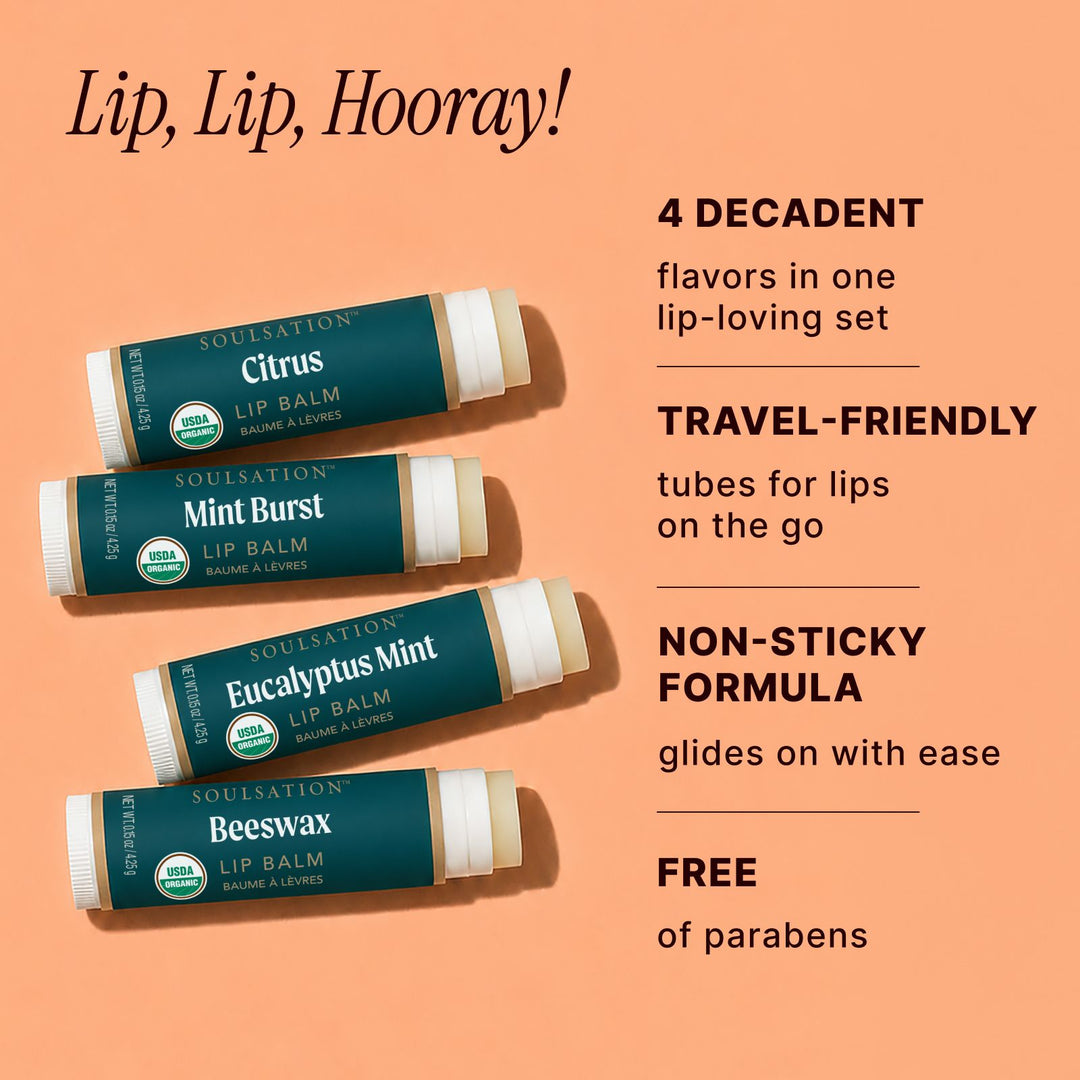 Soulsation Organic Lip Balm Set featuring four moisturizing lip balm flavors for everyday use
