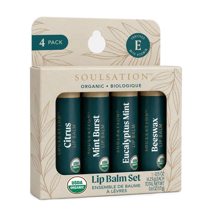 Soulsation Organic Lip Balm Set with 4 natural moisturizing lip balms in premium retail packaging