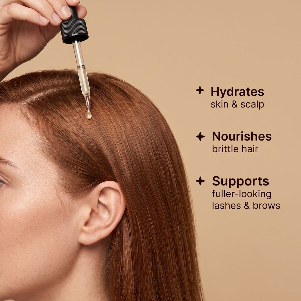 Organic castor oil applied to hair roots to hydrate and support healthy-looking hair