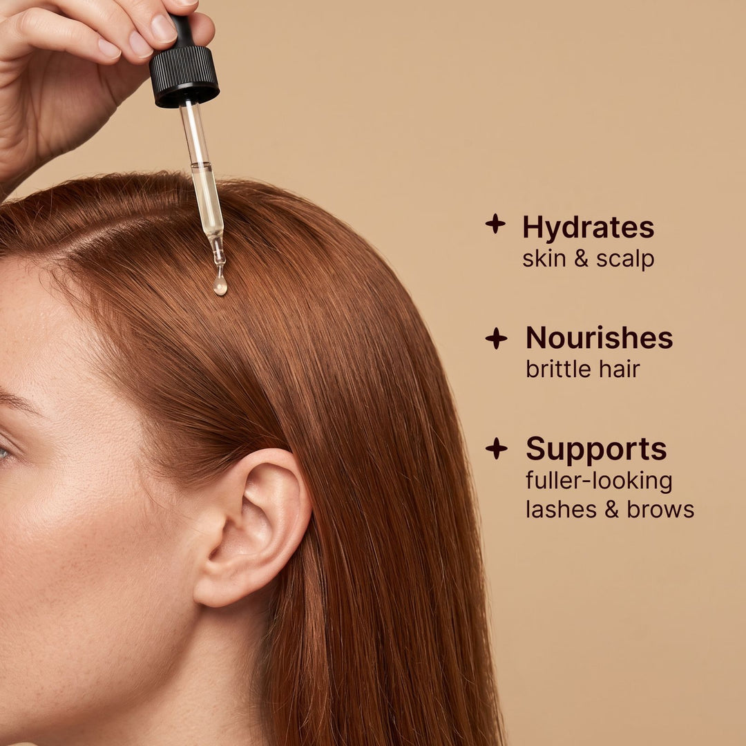 Organic castor oil applied to hair roots to hydrate and support healthy-looking hair