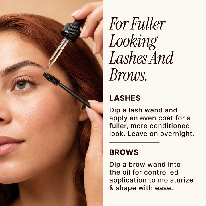 Organic castor oil applied to eyelashes and brows for a nourished, healthy-looking appearance