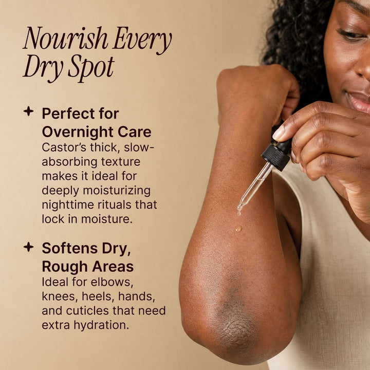 Organic castor oil used to nourish dry skin and support a soft, hydrated appearance