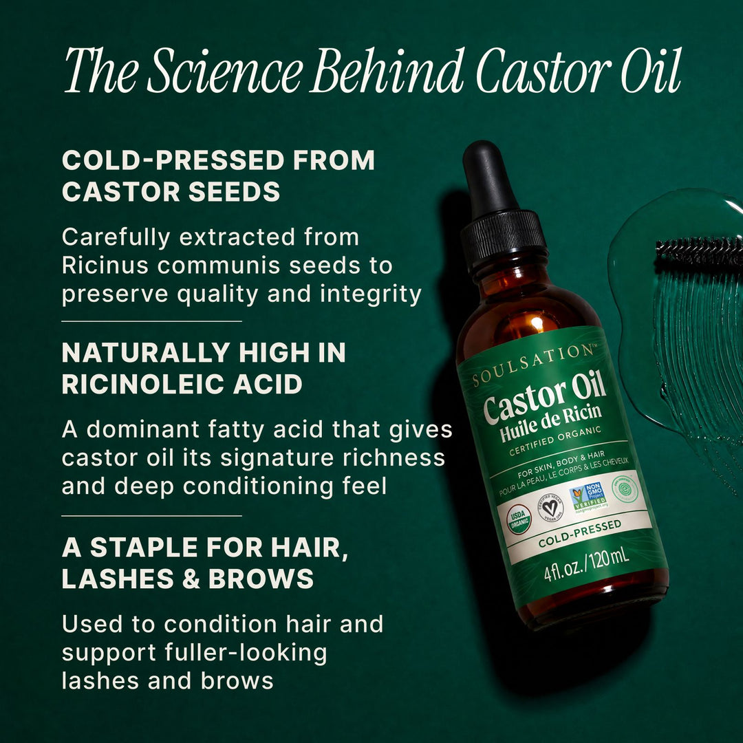 SoulSation Organic Castor Oil, 4oz - 100% Pure, For Eyelashes, Eyebrows, Face, Hair & Skin - Cold Pressed Unrefined Glass Bottle