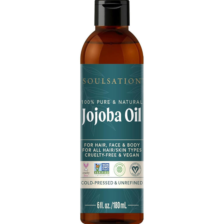 Soulsation Non-GMO Jojoba Oil, 6oz - 100% Pure, for Skin, Hair & Face, Natural Cold Pressed