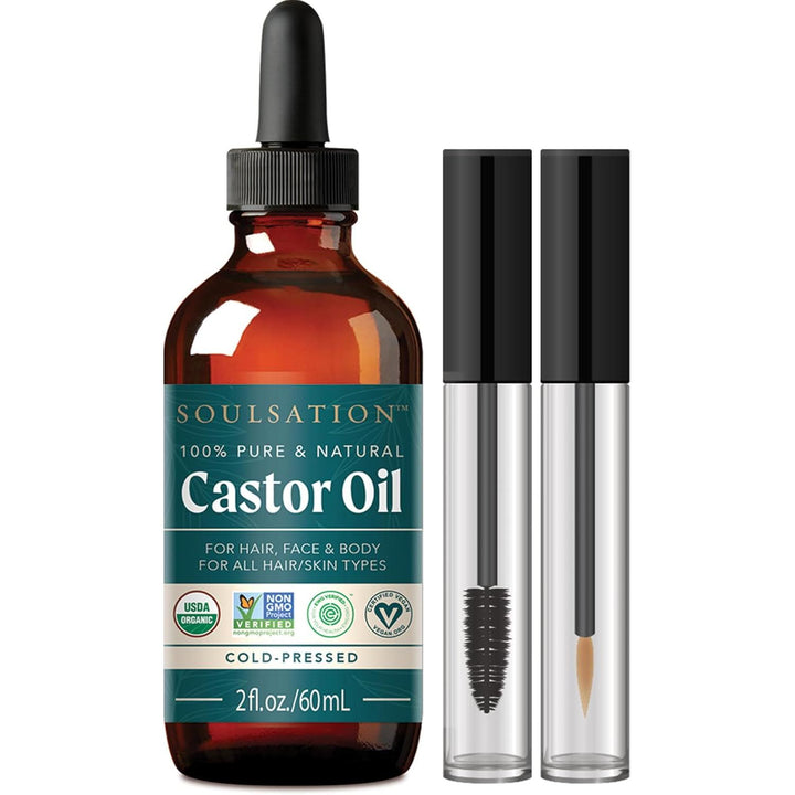 Soulsation Organic Castor Oil with Eyelash Kit, 2oz - 100% Pure, for Eyelashes, Hair & Skin | Natural Cold Pressed