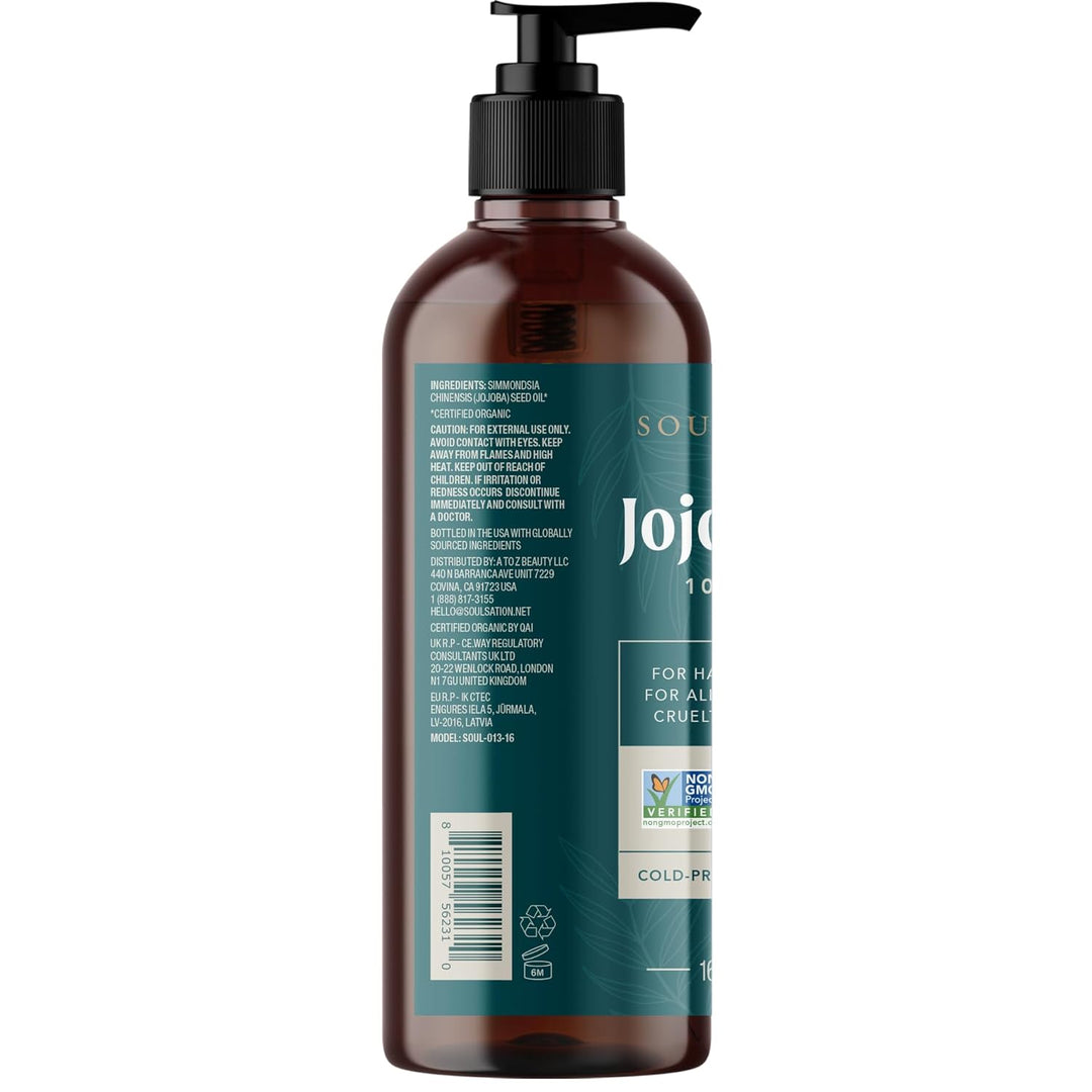 Soulsation Non-GMO Jojoba Oil, 6oz - 100% Pure, for Skin, Hair & Face, Natural Cold Pressed