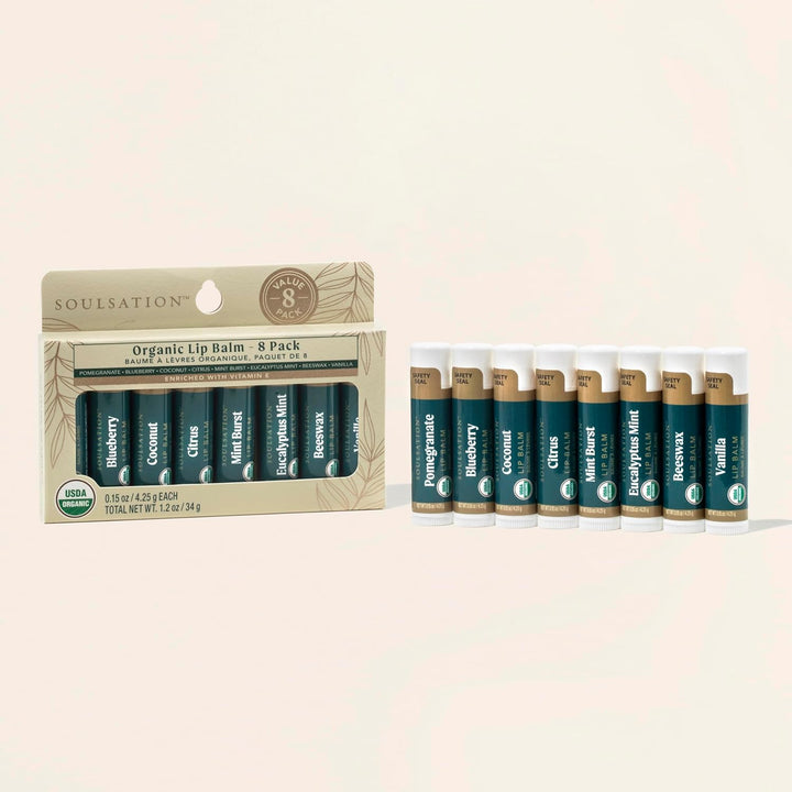 Soulsation Organic Lip Balm Set, 8 Flavors - Moisturizing for Cracked & Dry Lips, For Men & Women